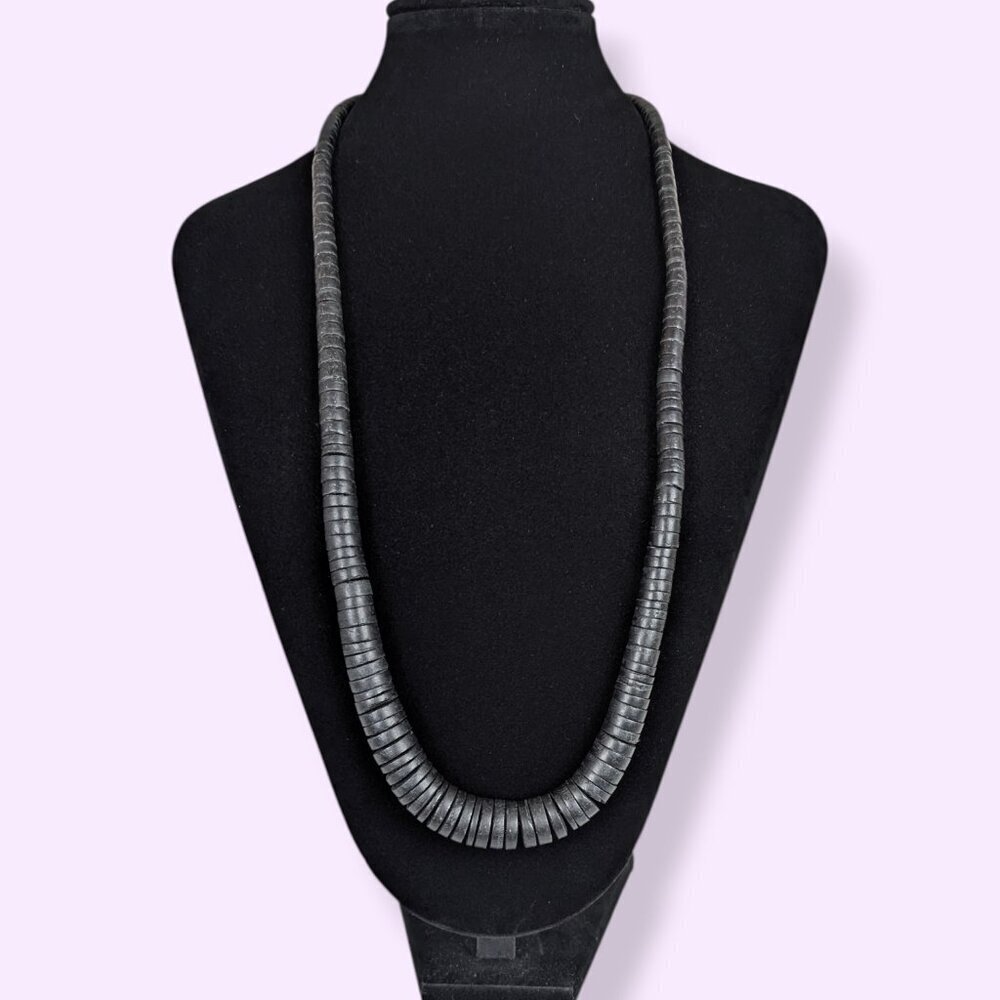 V. Black Wood Graduated Disc Bead Necklace